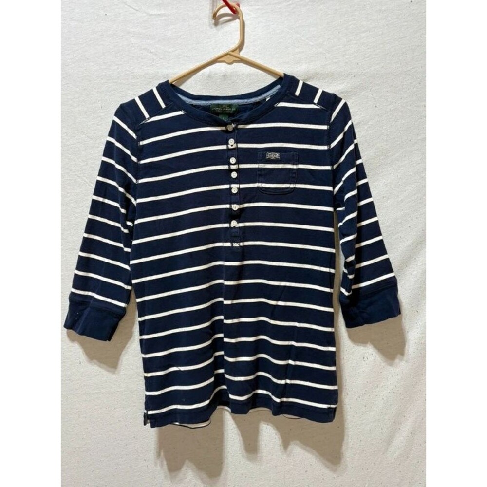 Preppy Lauren Ralph Lauren Navy Striped Henley Top 3/4 Sleeve Large Coastal